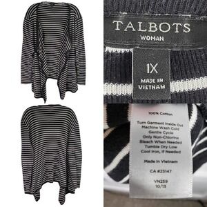 Talbots Cardigan Ruffle Knit Jersey Open Front Plus Size 1X Black White Stripe